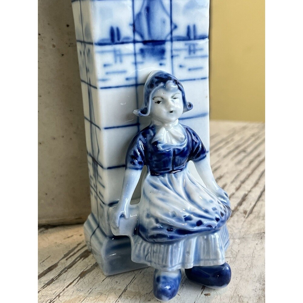 Vintage Ceramic Adorable Blue And White Sitting Dutch Girl Ornate Planter Vase